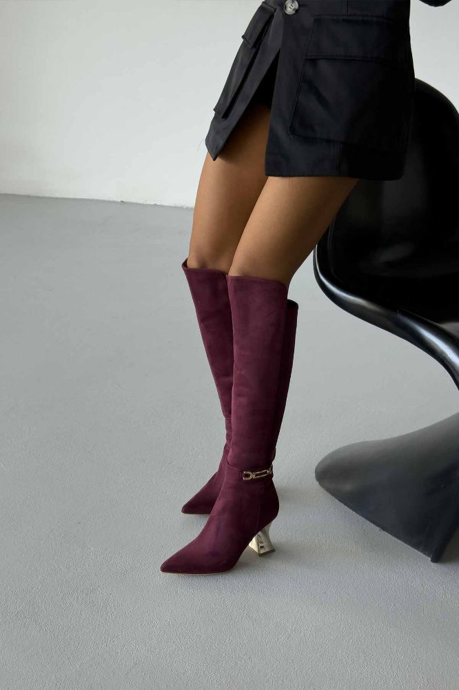 Thalia Toka Detaylı Kalın Topuk 8 Cm Bordo Süet Çizme resmi