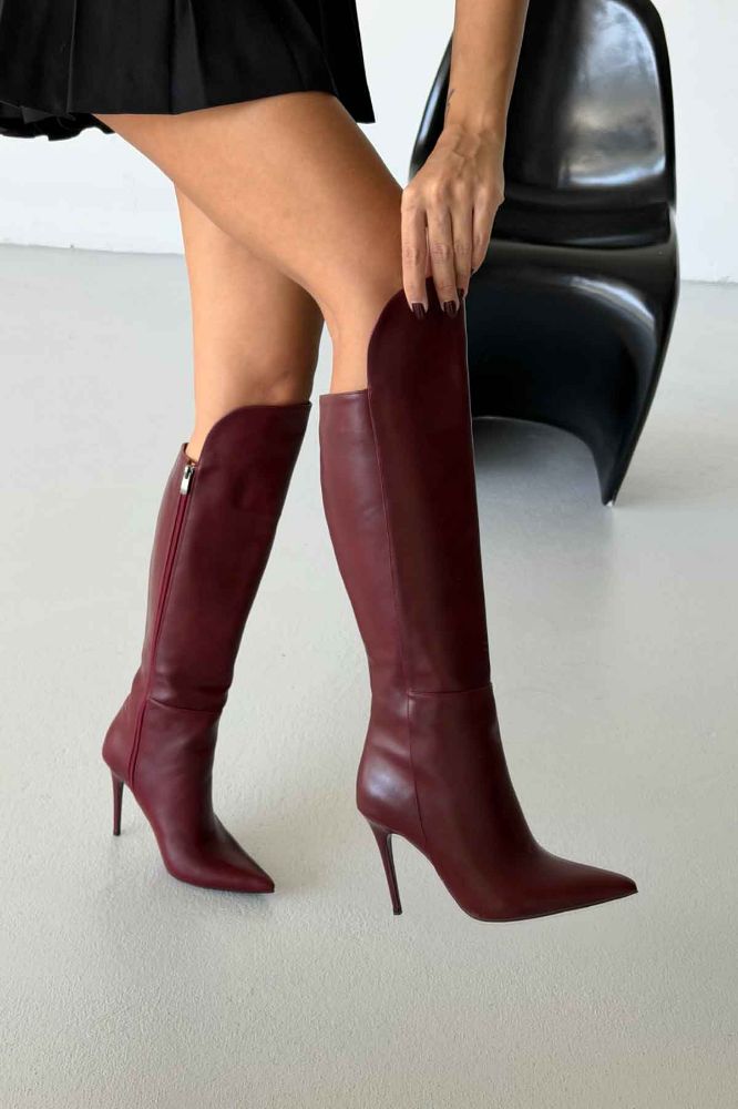 Oriksi İnce Topuk 10 Cm Bordo Mat Çizme resmi
