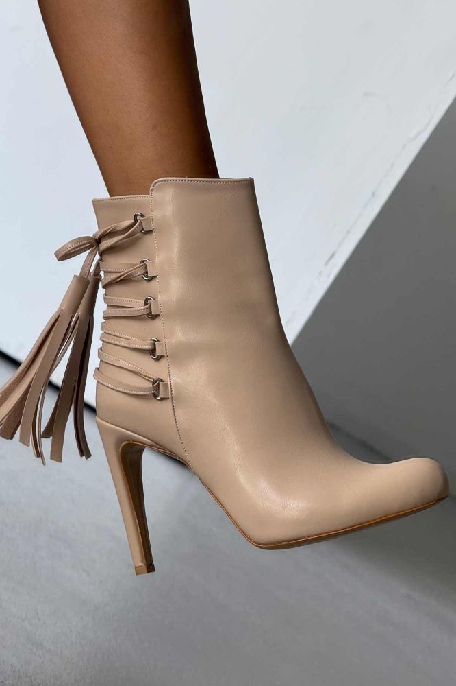 Tressed Bağcık Detaylı İnce Topuk 10 Cm Nude Mat Bot resmi