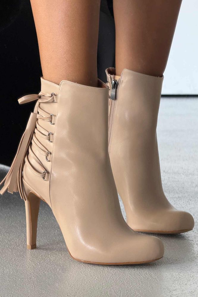 Tressed Bağcık Detaylı İnce Topuk 10 Cm Nude Mat Bot resmi