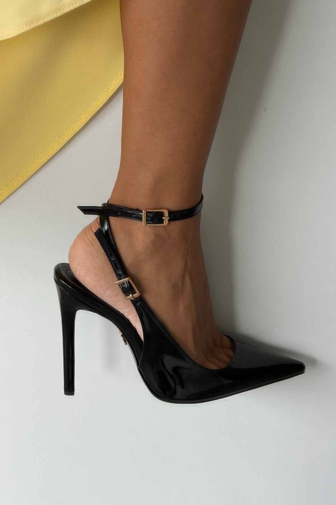 Zion Toka Detaylı İnce Topuk 12 Cm Siyah Rugan Stiletto resmi