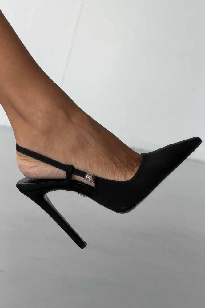 Waft Toka Detaylı İnce Topuk 12 Cm Siyah Mat Saten Stiletto resmi
