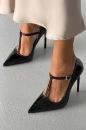 Wren Taşlı Toka Detaylı İnce Topuk 12 Cm Siyah Rugan Stiletto