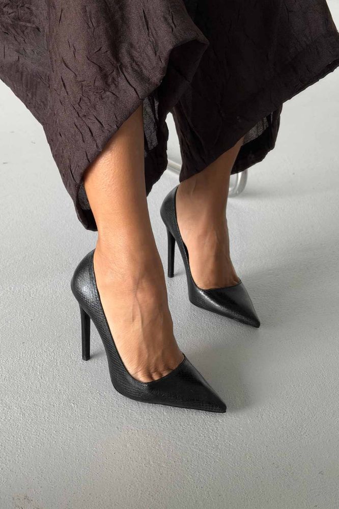 Fia İnce Topuk 12 Cm Siyah Yılan Desenli Stiletto resmi