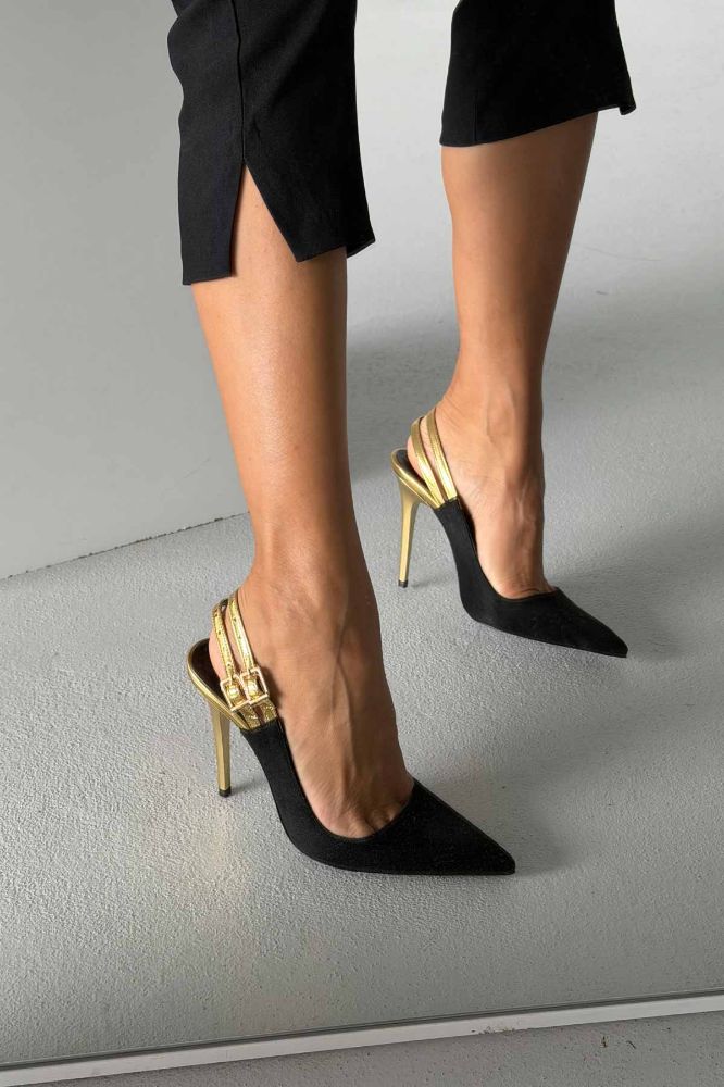 Filmy İnce Topuk 10 Cm Siyah Gold Stiletto resmi