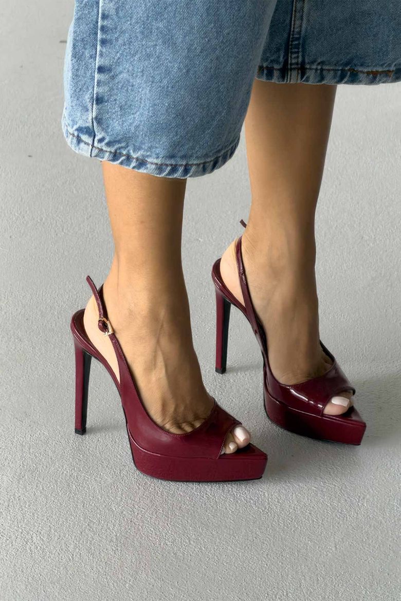 Heimdall Toka Detaylı İnce Topuk 13 Cm Bordo Rugan Platform resmi