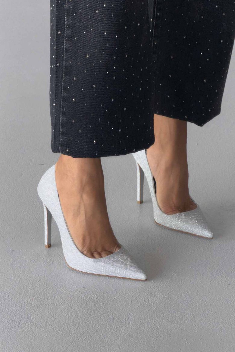 Woods Simli Taban İnce Topuk 12 Cm Gümüş Simli Stiletto resmi