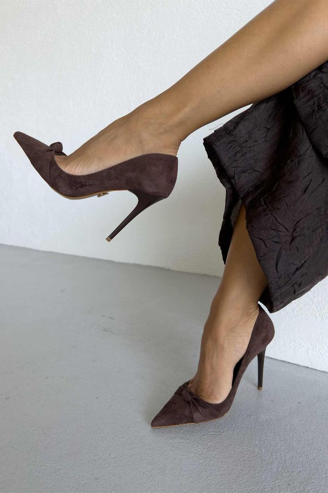 Waldau Fiyonk Detaylı İnce Topuk 10 Cm Kahverengi Süet Stiletto resmi