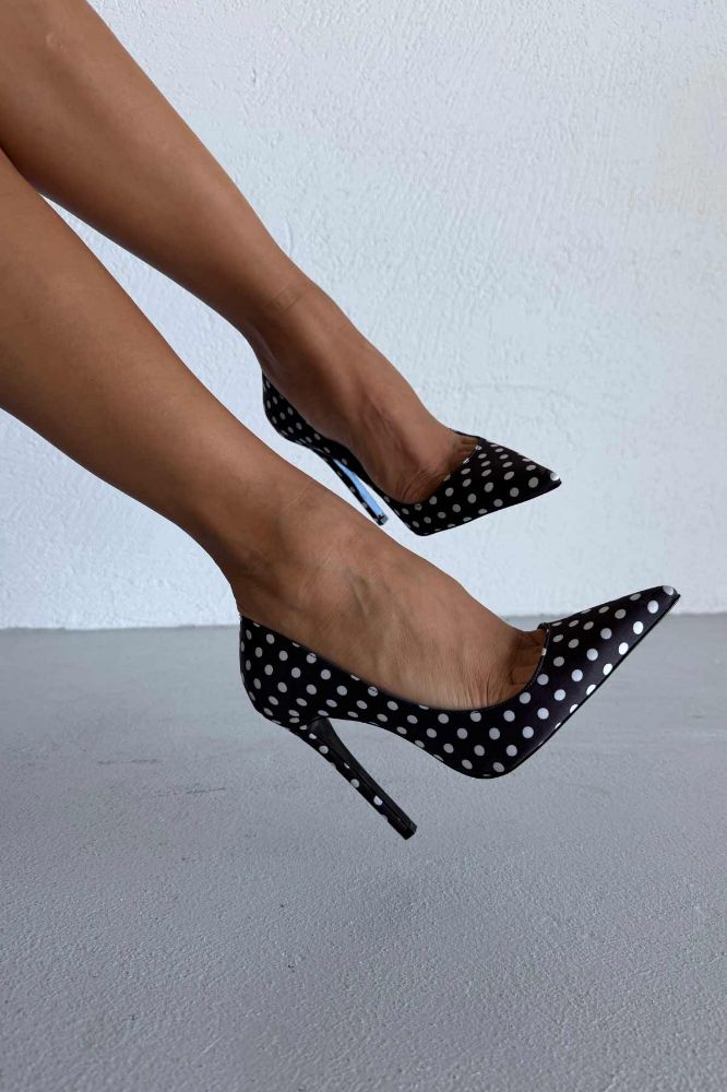 Fia İnce Topuk 12 Cm Siyah Beyaz Puantiyeli Stiletto resmi