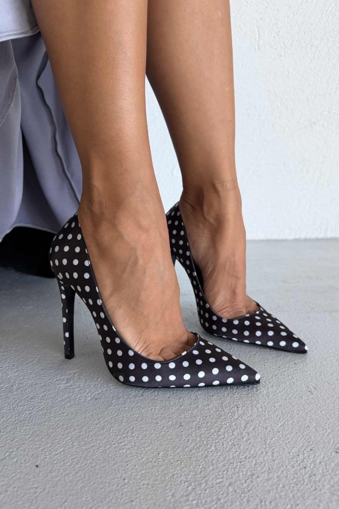 Fia İnce Topuk 12 Cm Siyah Beyaz Puantiyeli Stiletto resmi