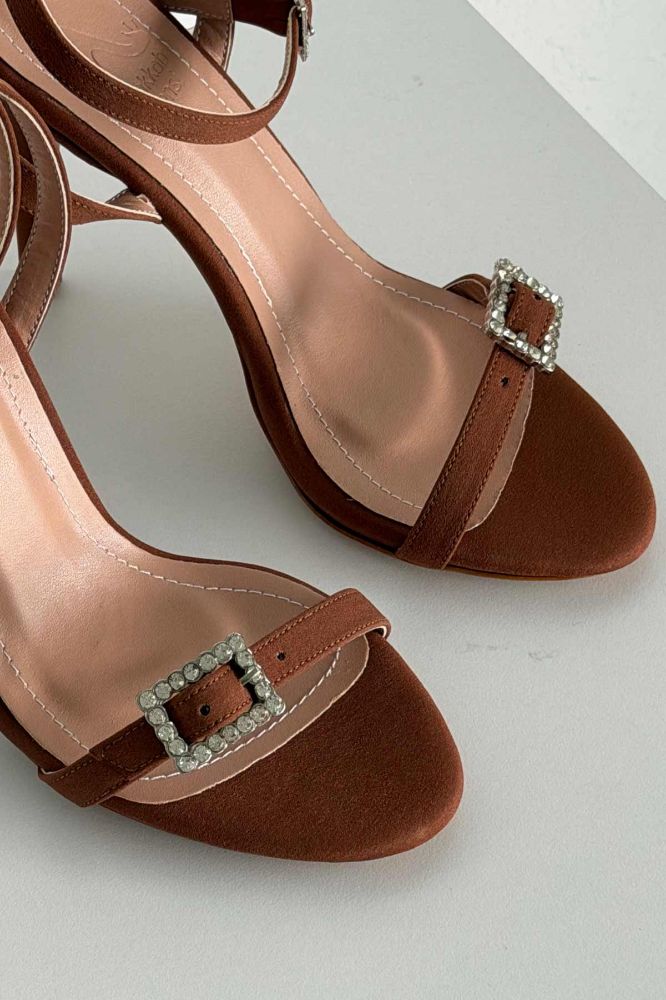 Rosia Taşlı Tokalı  10 CM TABA SATEN TOPUKLU AYAKKABI resmi